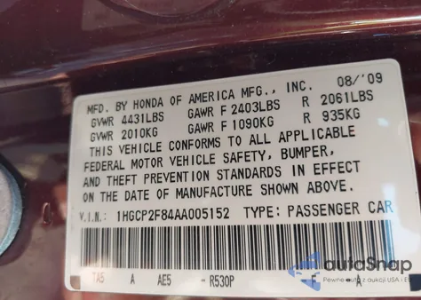 2010 Honda Accord 2.4 Ex-L from USA, damaged, VIN 1HGCP2F84AA005152